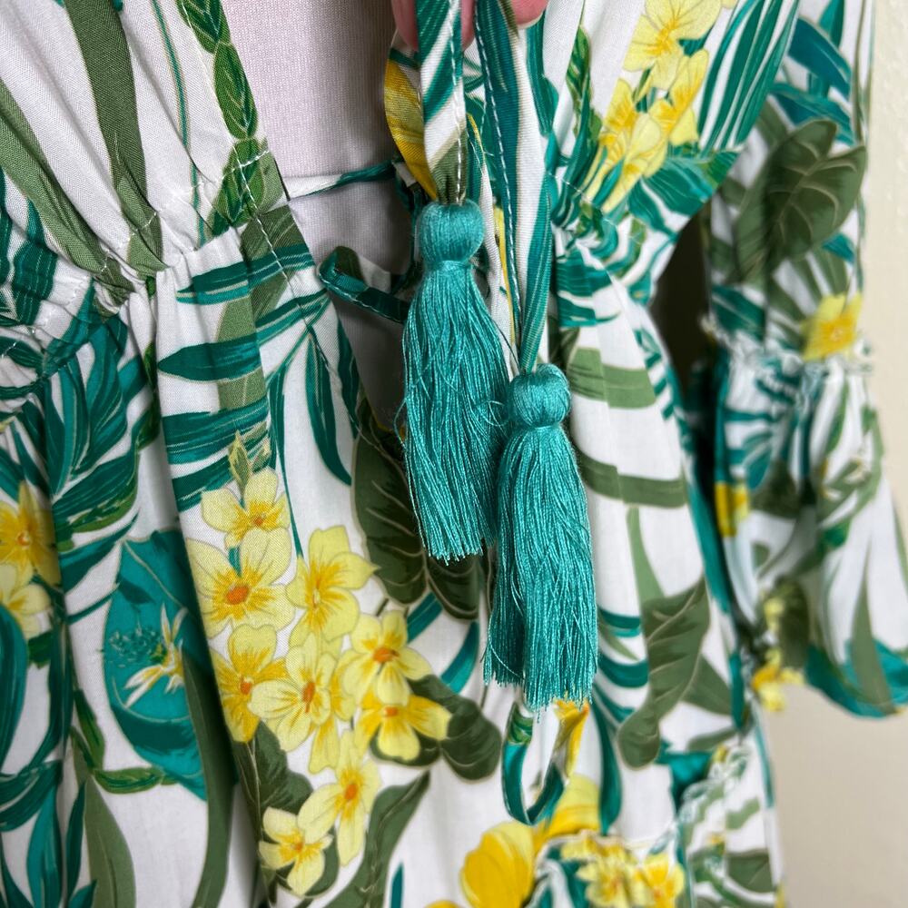 Blue Island Mini Dress SMALL Floral Tropical Plunge Hawaiian Bell Sleeve Resort - Picture 6 of 9